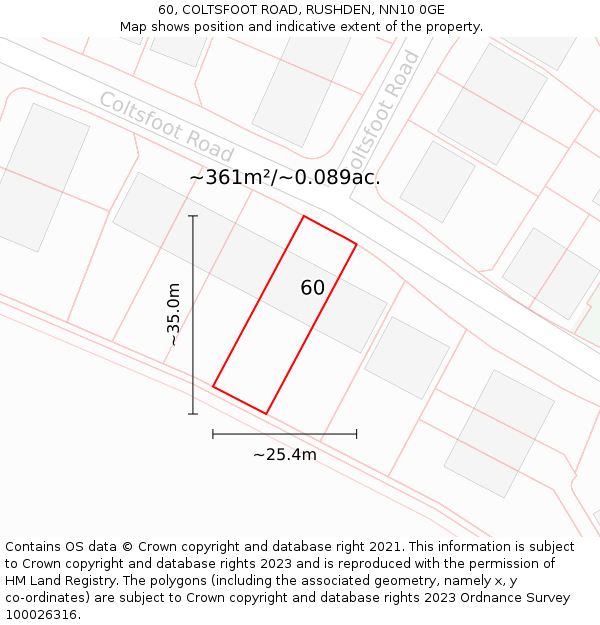 60, COLTSFOOT ROAD, RUSHDEN, NN10 0GE: Plot and title map