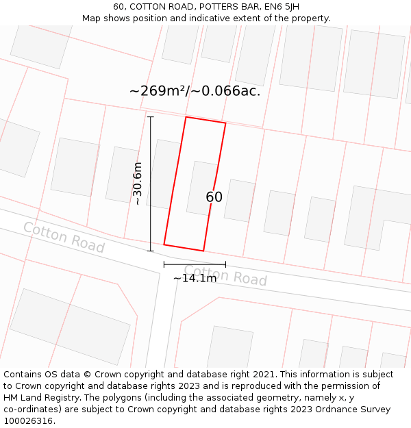 60, COTTON ROAD, POTTERS BAR, EN6 5JH: Plot and title map