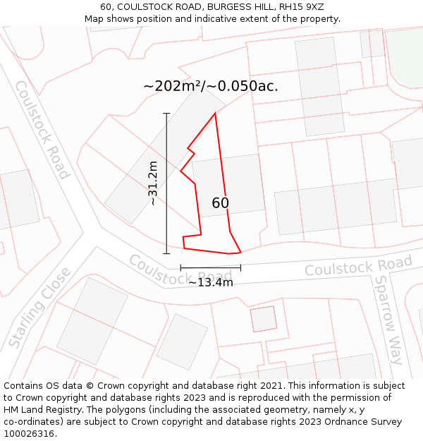 60, COULSTOCK ROAD, BURGESS HILL, RH15 9XZ: Plot and title map