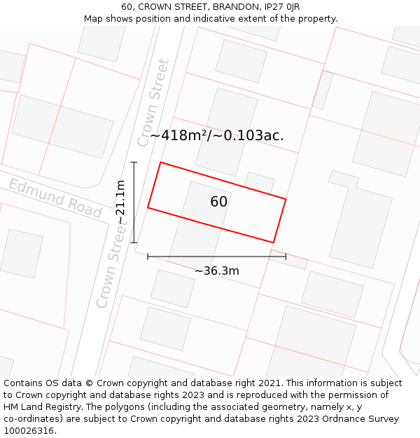 60, CROWN STREET, BRANDON, IP27 0JR: Plot and title map