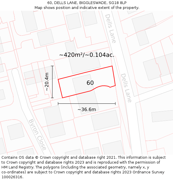 60, DELLS LANE, BIGGLESWADE, SG18 8LP: Plot and title map