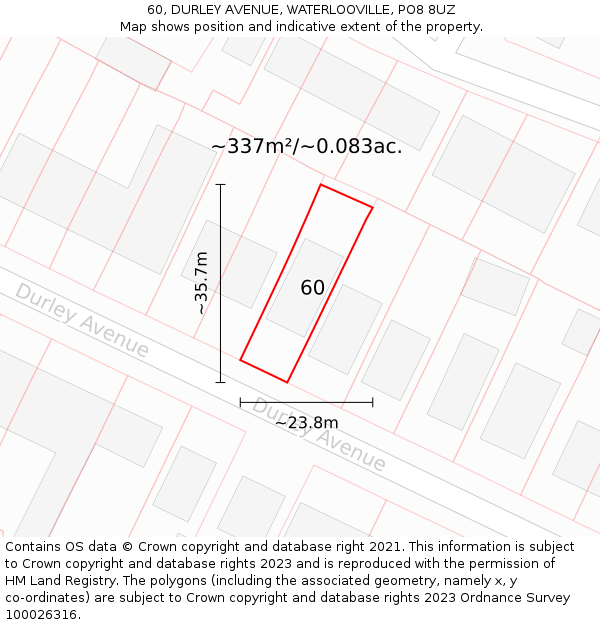 60, DURLEY AVENUE, WATERLOOVILLE, PO8 8UZ: Plot and title map