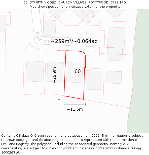 60, DYFFRYN Y COED, CHURCH VILLAGE, PONTYPRIDD, CF38 1PQ: Plot and title map