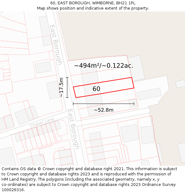 60, EAST BOROUGH, WIMBORNE, BH21 1PL: Plot and title map