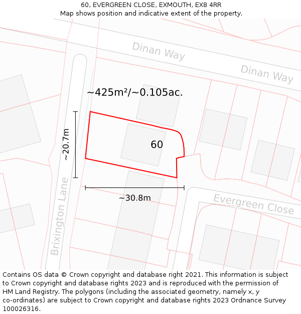 60, EVERGREEN CLOSE, EXMOUTH, EX8 4RR: Plot and title map