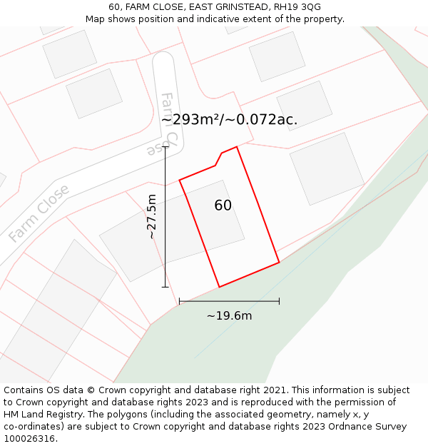 60, FARM CLOSE, EAST GRINSTEAD, RH19 3QG: Plot and title map