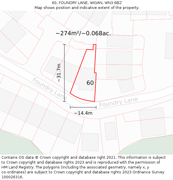 60, FOUNDRY LANE, WIGAN, WN3 6BZ: Plot and title map