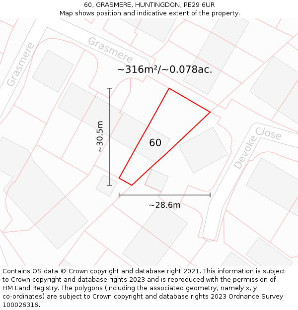 60, GRASMERE, HUNTINGDON, PE29 6UR: Plot and title map