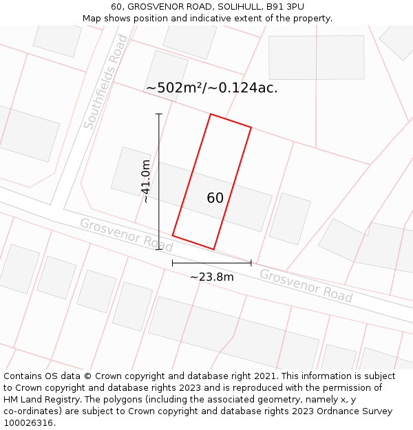 60, GROSVENOR ROAD, SOLIHULL, B91 3PU: Plot and title map