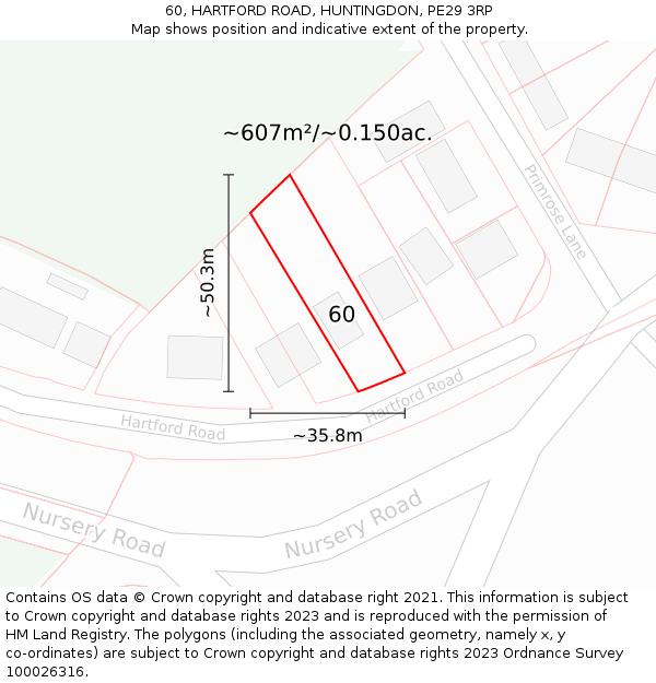 60, HARTFORD ROAD, HUNTINGDON, PE29 3RP: Plot and title map