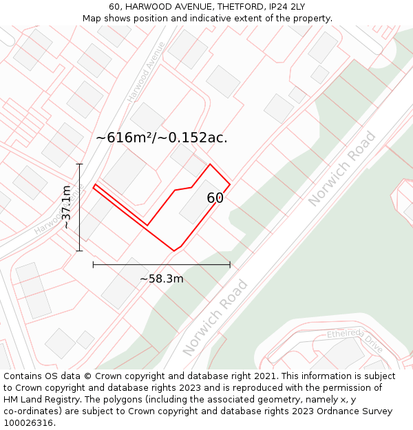 60, HARWOOD AVENUE, THETFORD, IP24 2LY: Plot and title map