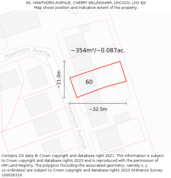 60, HAWTHORN AVENUE, CHERRY WILLINGHAM, LINCOLN, LN3 4JS: Plot and title map