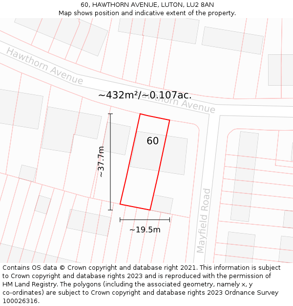 60, HAWTHORN AVENUE, LUTON, LU2 8AN: Plot and title map
