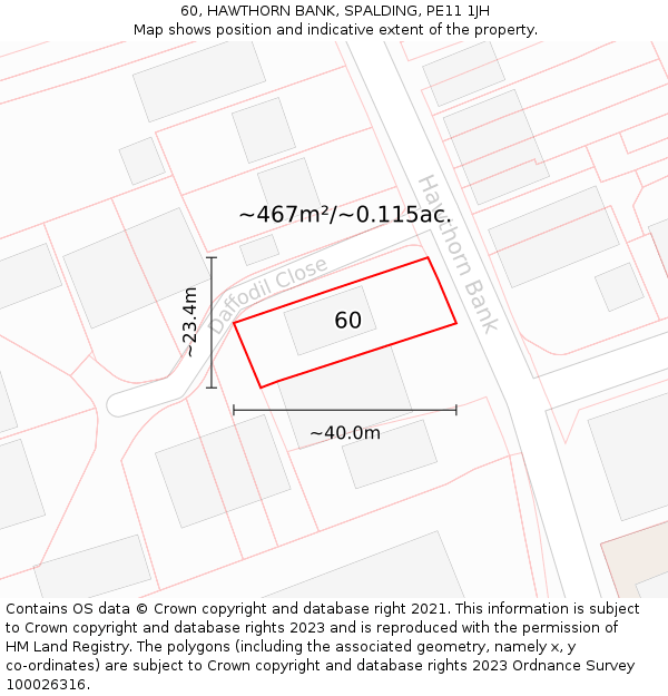 60, HAWTHORN BANK, SPALDING, PE11 1JH: Plot and title map