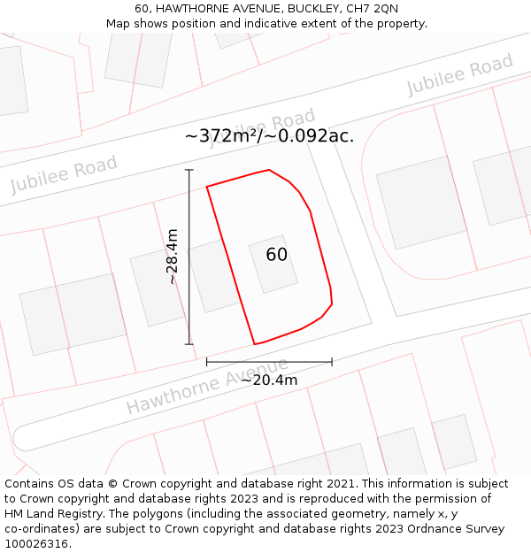 60, HAWTHORNE AVENUE, BUCKLEY, CH7 2QN: Plot and title map
