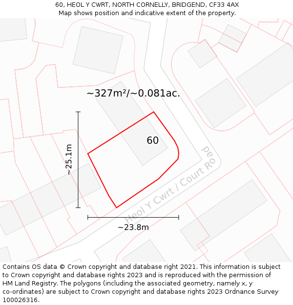 60, HEOL Y CWRT, NORTH CORNELLY, BRIDGEND, CF33 4AX: Plot and title map