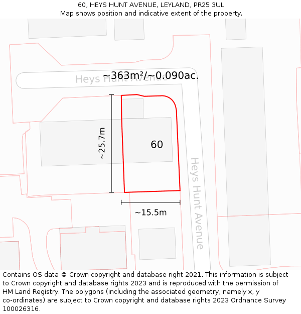 60, HEYS HUNT AVENUE, LEYLAND, PR25 3UL: Plot and title map