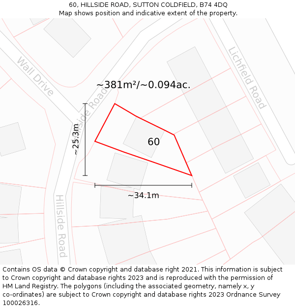 60, HILLSIDE ROAD, SUTTON COLDFIELD, B74 4DQ: Plot and title map