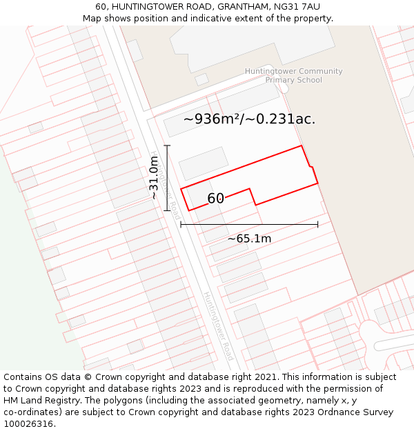 60, HUNTINGTOWER ROAD, GRANTHAM, NG31 7AU: Plot and title map