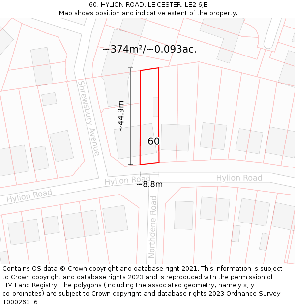 60, HYLION ROAD, LEICESTER, LE2 6JE: Plot and title map