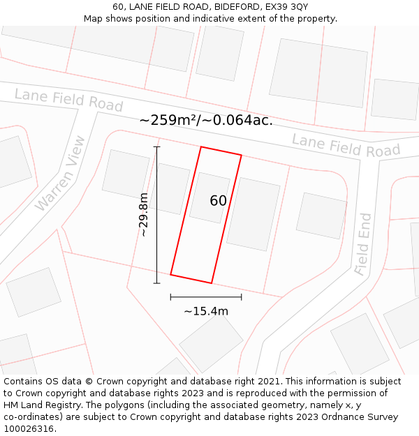 60, LANE FIELD ROAD, BIDEFORD, EX39 3QY: Plot and title map