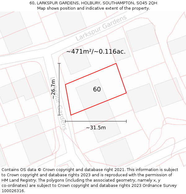 60, LARKSPUR GARDENS, HOLBURY, SOUTHAMPTON, SO45 2QH: Plot and title map