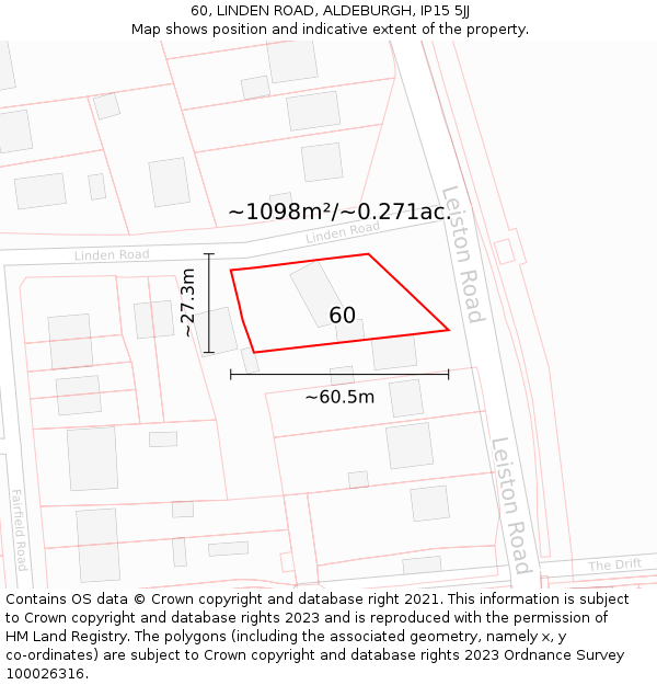 60, LINDEN ROAD, ALDEBURGH, IP15 5JJ: Plot and title map