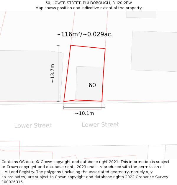 60, LOWER STREET, PULBOROUGH, RH20 2BW: Plot and title map