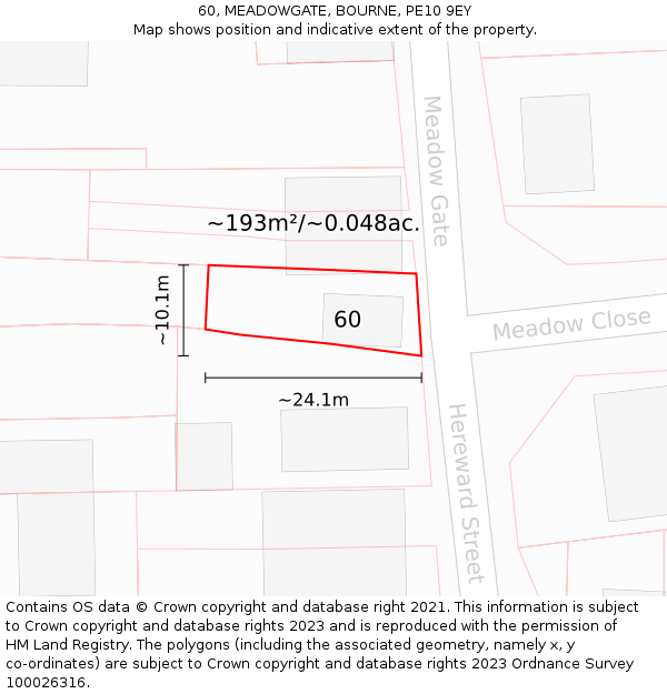 60, MEADOWGATE, BOURNE, PE10 9EY: Plot and title map