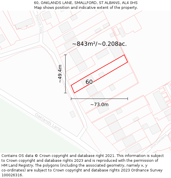 60, OAKLANDS LANE, SMALLFORD, ST ALBANS, AL4 0HS: Plot and title map