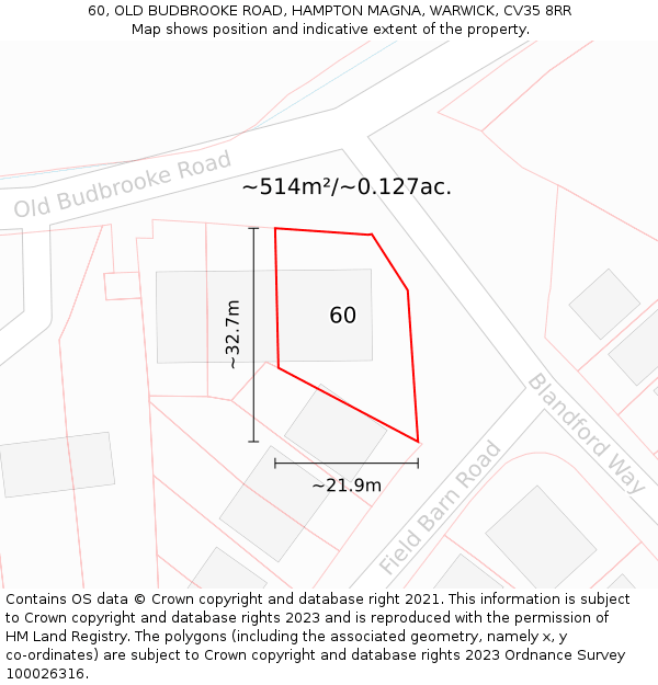 60, OLD BUDBROOKE ROAD, HAMPTON MAGNA, WARWICK, CV35 8RR: Plot and title map