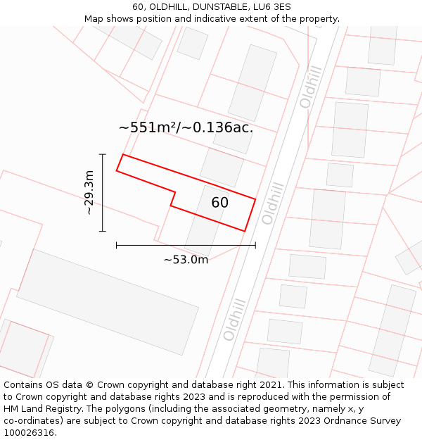 60, OLDHILL, DUNSTABLE, LU6 3ES: Plot and title map