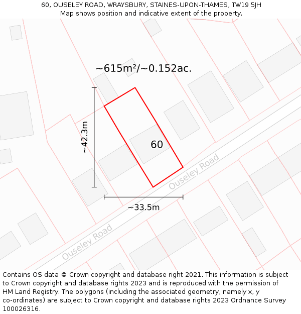 60, OUSELEY ROAD, WRAYSBURY, STAINES-UPON-THAMES, TW19 5JH: Plot and title map