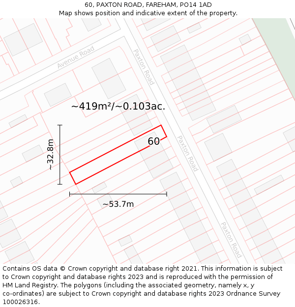 60, PAXTON ROAD, FAREHAM, PO14 1AD: Plot and title map