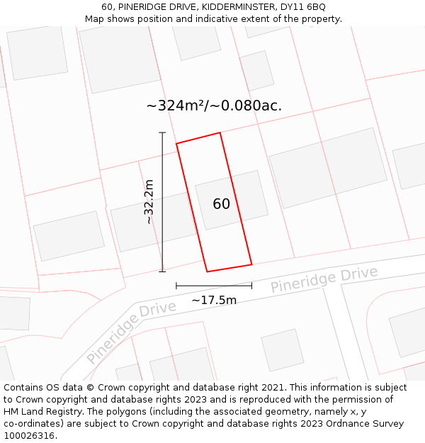 60, PINERIDGE DRIVE, KIDDERMINSTER, DY11 6BQ: Plot and title map