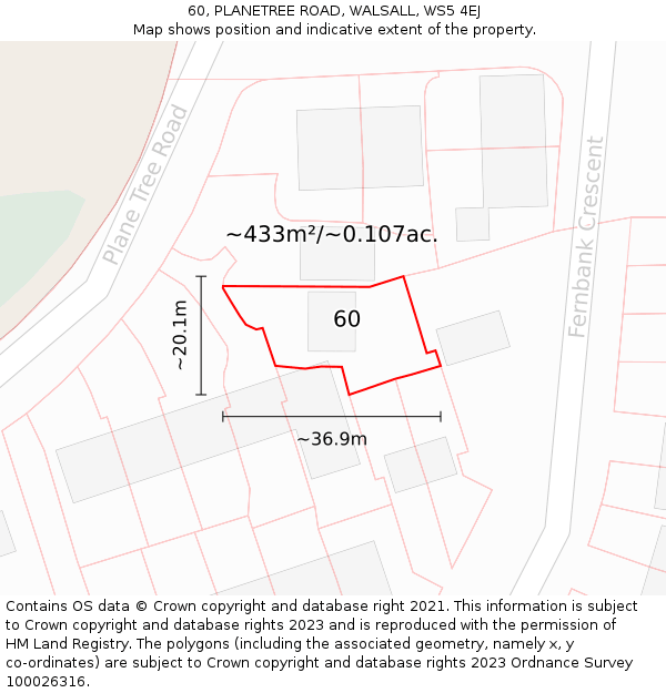 60, PLANETREE ROAD, WALSALL, WS5 4EJ: Plot and title map
