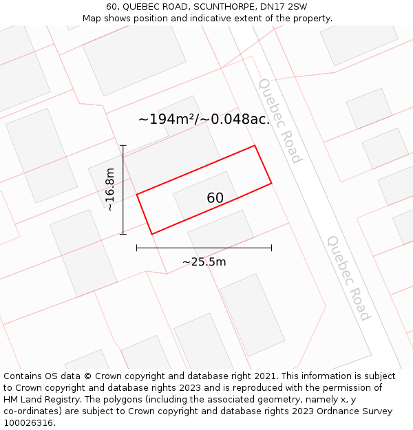 60, QUEBEC ROAD, SCUNTHORPE, DN17 2SW: Plot and title map