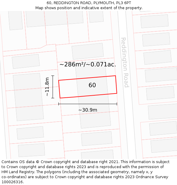 60, REDDINGTON ROAD, PLYMOUTH, PL3 6PT: Plot and title map