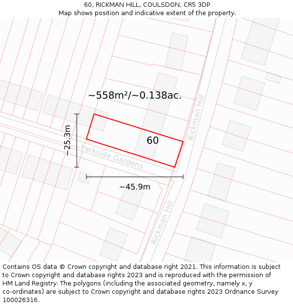 60, RICKMAN HILL, COULSDON, CR5 3DP: Plot and title map