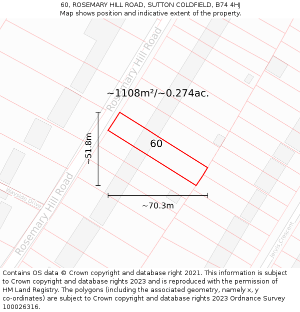 60, ROSEMARY HILL ROAD, SUTTON COLDFIELD, B74 4HJ: Plot and title map