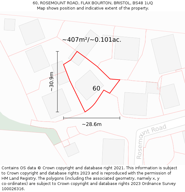 60, ROSEMOUNT ROAD, FLAX BOURTON, BRISTOL, BS48 1UQ: Plot and title map