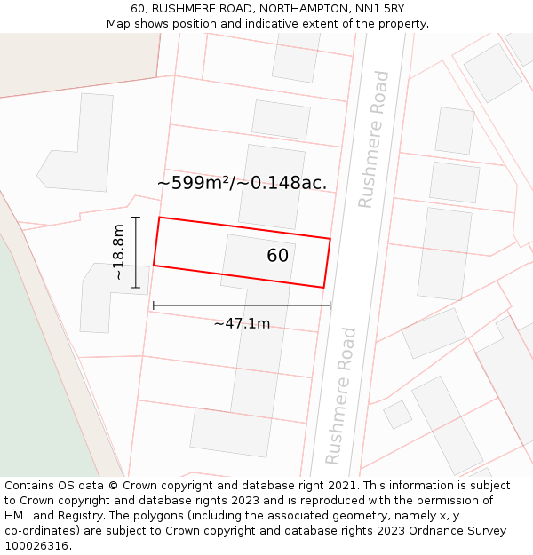 60, RUSHMERE ROAD, NORTHAMPTON, NN1 5RY: Plot and title map