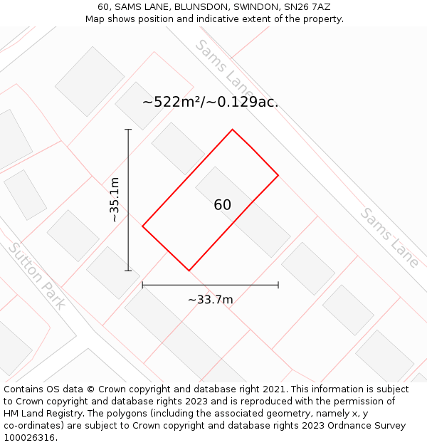 60, SAMS LANE, BLUNSDON, SWINDON, SN26 7AZ: Plot and title map