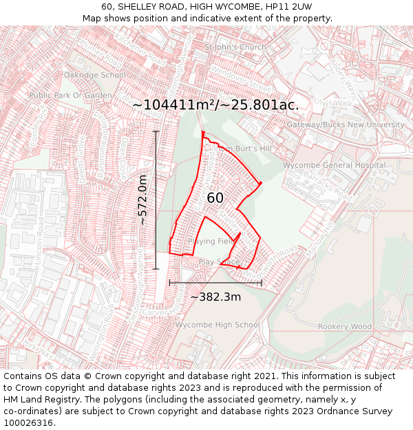 60, SHELLEY ROAD, HIGH WYCOMBE, HP11 2UW: Plot and title map