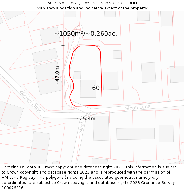 60, SINAH LANE, HAYLING ISLAND, PO11 0HH: Plot and title map