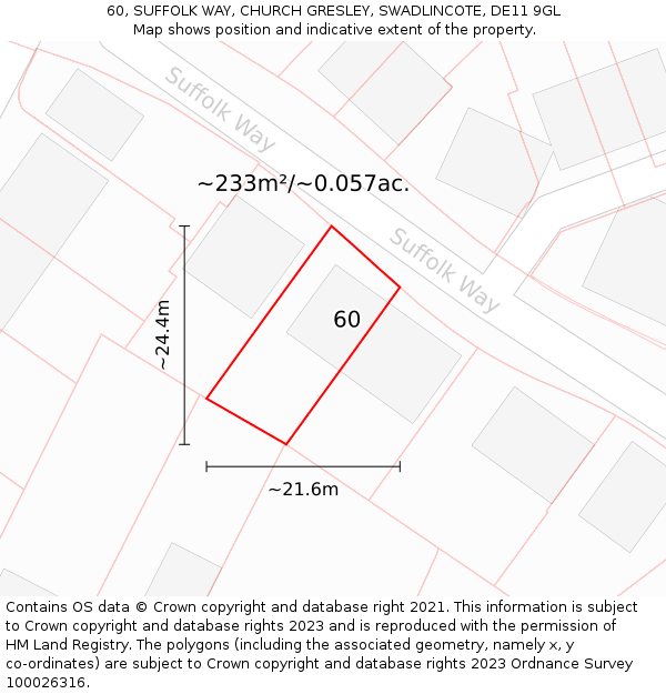 60, SUFFOLK WAY, CHURCH GRESLEY, SWADLINCOTE, DE11 9GL: Plot and title map