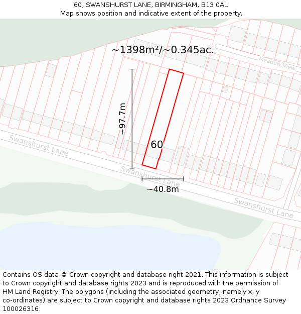 60, SWANSHURST LANE, BIRMINGHAM, B13 0AL: Plot and title map