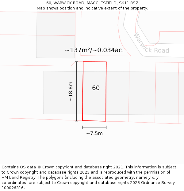 60, WARWICK ROAD, MACCLESFIELD, SK11 8SZ: Plot and title map