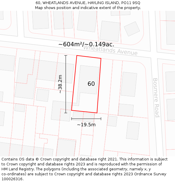 60, WHEATLANDS AVENUE, HAYLING ISLAND, PO11 9SQ: Plot and title map