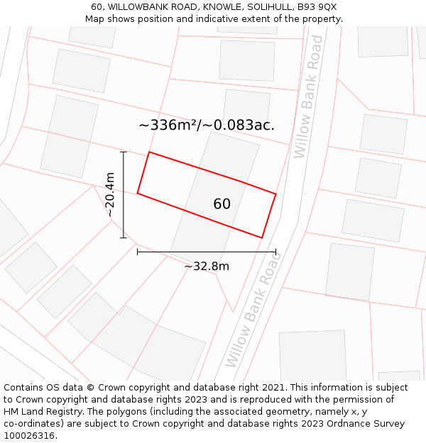 60, WILLOWBANK ROAD, KNOWLE, SOLIHULL, B93 9QX: Plot and title map